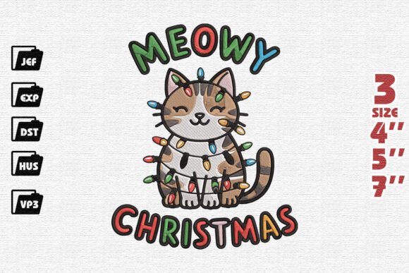 Meowy and Bright, Cute Cat Christmas Embroidery