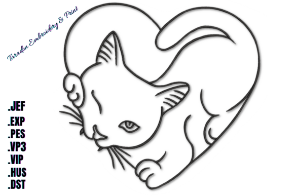 Playful Cat Heart Machine Embroidery