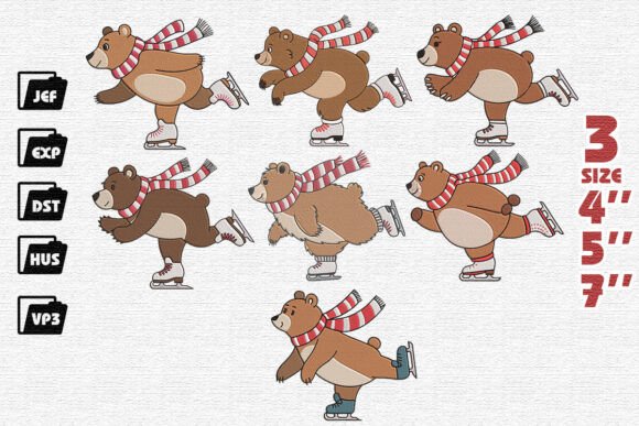 Set of 7 Ice Skating Bear Embroidery