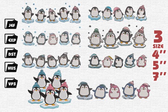 Set of 8 Cute Penguin Family Embroidery